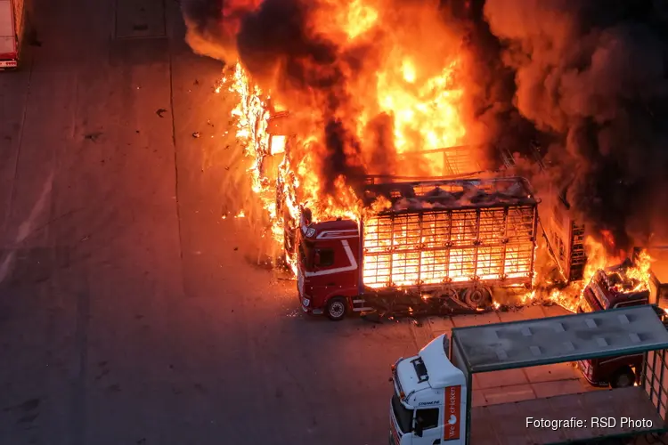 Meerdere vrachtwagens in brand bij kippenslachterij