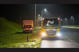 Bakwagen raakt van de weg en rijdt verkeersbord omver