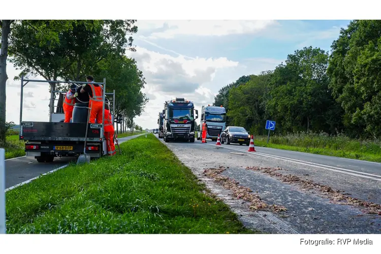 N307 deels afgesloten nadat slachtafval uit vrachtwagen op weg beland